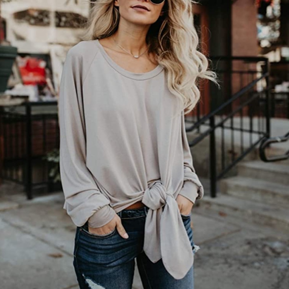 Gray Off Shoulder Long Sleeve Oversized Tie Knot - Picture 5 of 7